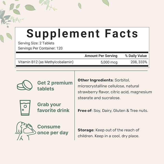 Micro Ingredients Vitamin B12 5000mcg | Methyl B12 Active Form – 240 Chewable Tablets | Fast Dissolve, Natural Strawberry Flavor, Support Energy, Metabolism Health | Vegan, Non-GMO, & No Glute