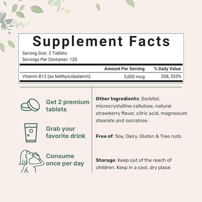 Micro Ingredients Vitamin B12 5000mcg | Methyl B12 Active Form – 240 Chewable Tablets | Fast Dissolve, Natural Strawberry Flavor, Support Energy, Metabolism Health | Vegan, Non-GMO, & No Glute