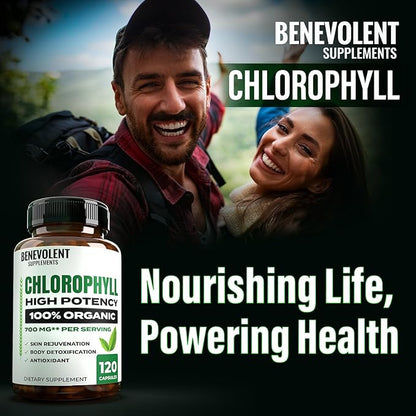 Benevolent Chlorophyll Capsules 700mg - 100% Natural + Ultra Chlorophyll 20x Potency Concentration for Energy Boost, Immune Support, Internal Deodorant, Skin Health, Non-GMO, 120 Capsules