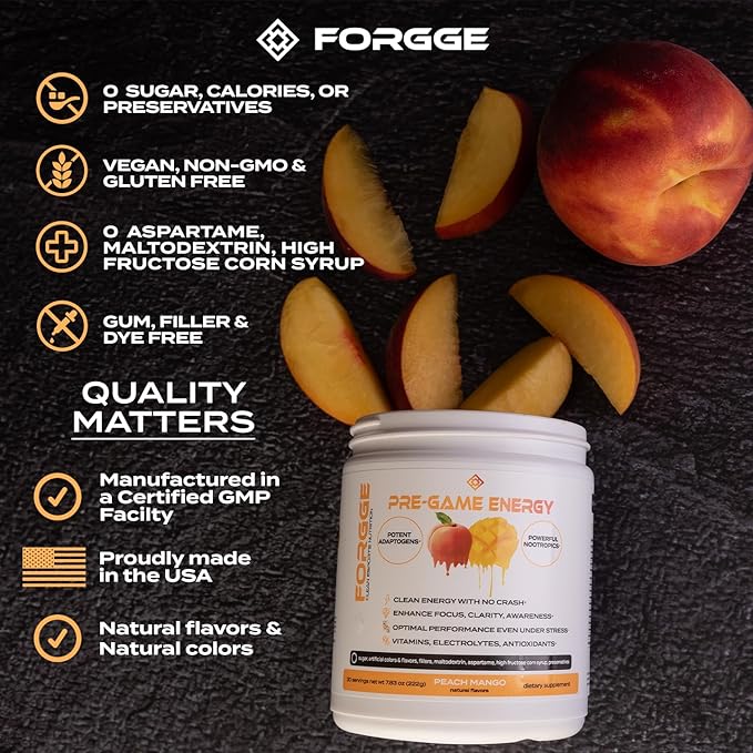 Forgge Focus Energy Drink Powder - Lion’s Mane, Alpha-GPC, L-Theanine and Nootropics for Focus - Vitamins + Electrolytes - Natural Caffeine, Sugar Free (Peach Mango)