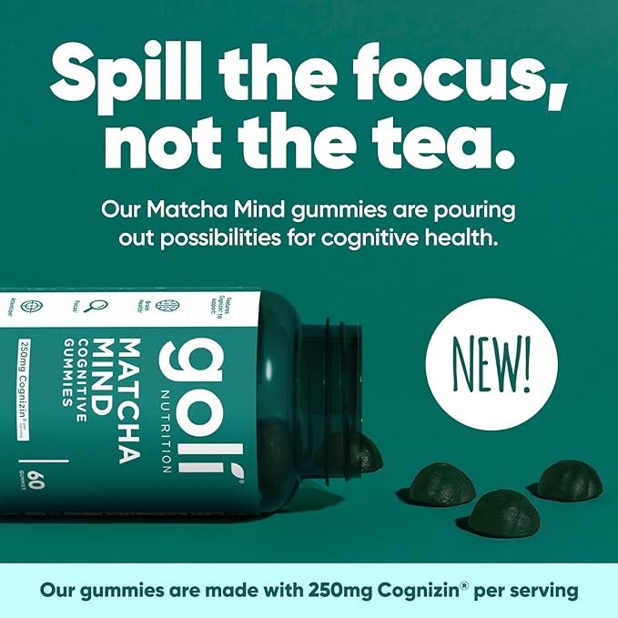 Goli Matcha Mind Gummies - 60 Count - Green Tea Leaves Powder with Cognizin for Focus, Attention and Brain Health, Vegan, Non-GMO, Gluten-Free & Gelatin Free.