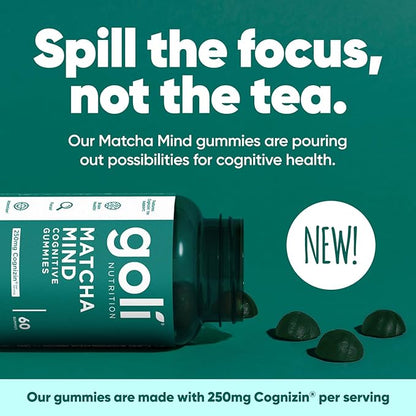 Goli Matcha Mind Gummies - 60 Count - Green Tea Leaves Powder with Cognizin for Focus, Attention and Brain Health, Vegan, Non-GMO, Gluten-Free & Gelatin Free.