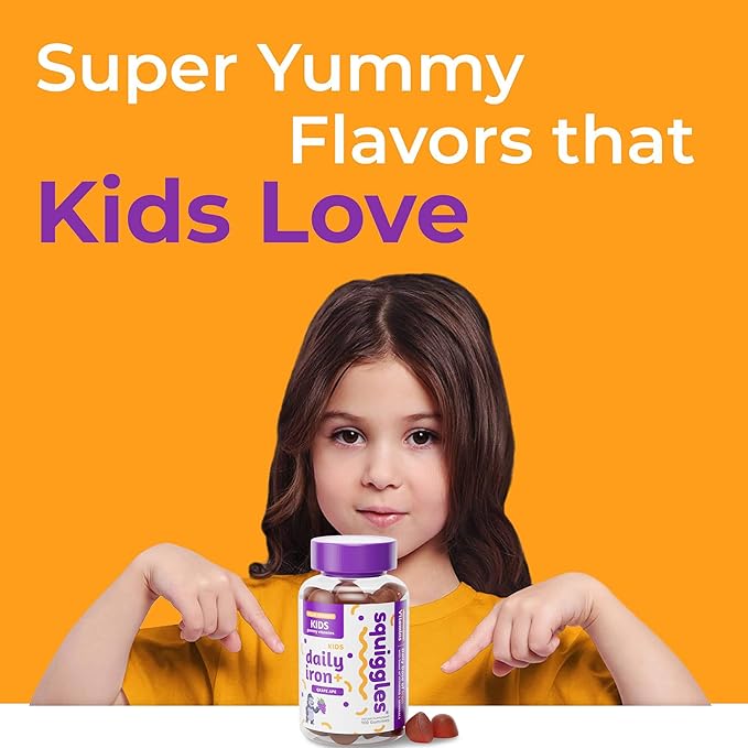 Squiggles Kids Daily Iron+ Gummies, Gummy Vitamin with Iron and Low Sugar, Boost of Vitamins, Minerals and Iron, Vegan Supplement, Chewy Yummy Gummies, Grape Flavor, 100 Gummies