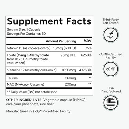 L-Methylfolate 15mg plus Methyl B12, D3, Taurine & NAC | 5-MTHF (Bioactive B9) Professional Strength | Methylated Vitamins to Support Mood, Nerve Health & Methylation* | MTHFR Supplement | 60 Capsules