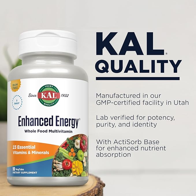 KAL Enhanced Energy Supplements, 3 Daily - Whole Food Multivitamin for Women and Men, Iron Free - 23 Essential Vitamins, Minerals, Super Foods, Digestive Enzymes, 60-Day Guarantee, 30 Serv, 90 VegTabs
