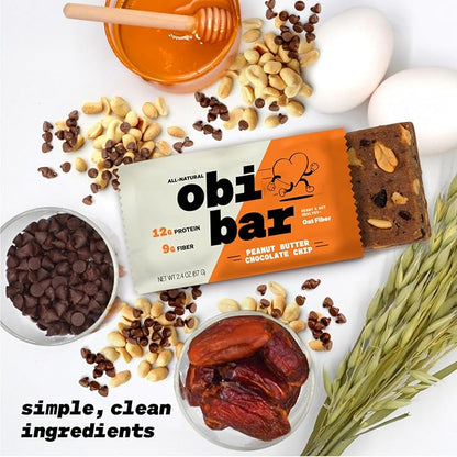 Obi Bar - Natural Protein and Fiber Bar | Snack or Meal Replacement | Heart Healthy Oat Fiber | Large Almond Chunks | Soy Free, Dairy Free | 2.4 oz bars, 12 Pack (Peanut Butter Chocolate Chip)