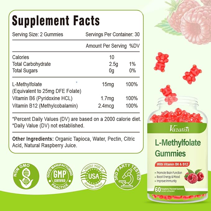 L-Methylfolate 15 mg Gummies with Methyl B12, Folate Supplement for Mood, Brain Health, Immune Support, Raspberry Flavor, 60 Count