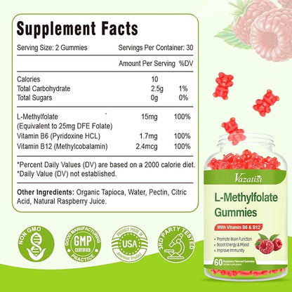 L-Methylfolate 15 mg Gummies with Methyl B12, Folate Supplement for Mood, Brain Health, Immune Support, Raspberry Flavor, 60 Count