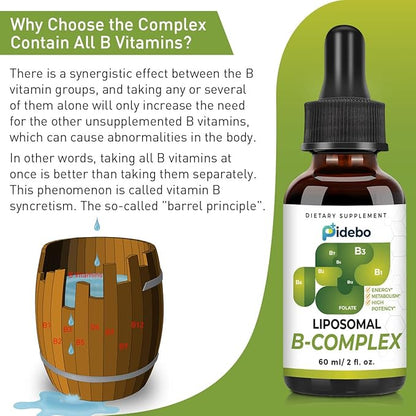 Liposomal B Complex with Active Forms of B Vitamins- High Potency Vitamin B Complex Liquid Vitamins for Energy and Metabolism Support-B1, B2, B3, b5, B6, Biotin, Folate, Methylated B12-4.0 oz