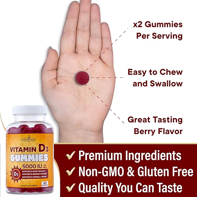NEW AGE Vitamin D3 5000 IU 125mcg Gummies - Support Immune Support, Strong Bone Health - Non-GMO, Gluten-Free, Dairy-Free, No Gelatin (180 Gummies (Pack of 3))