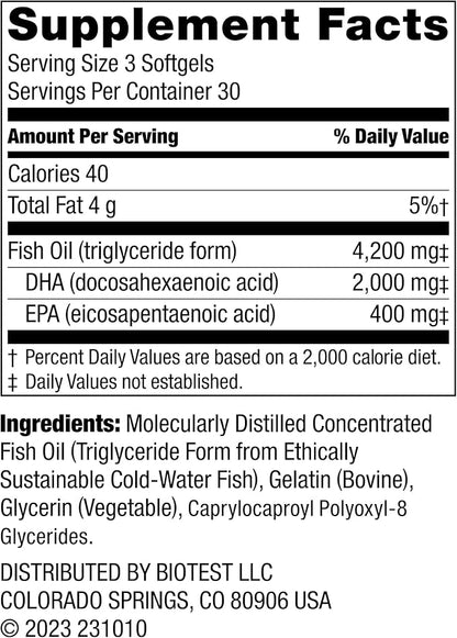 Biotest Flameout DHA-Rich Fish Oil - 4200 mg Omega-3 - Pharmaceutical Grade DHA & EPA - 90 Softgels (30 Day Supply)