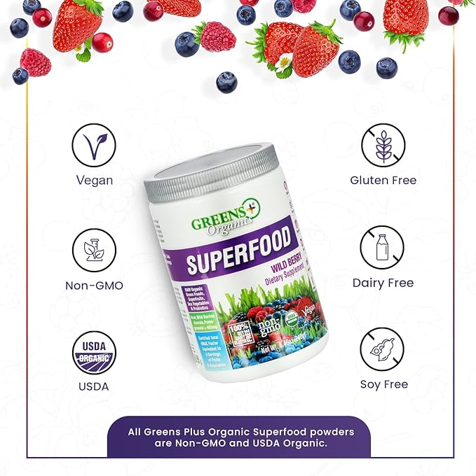 Greens+ Organic Wild Berry Superfood Powder, Antioxidant Polyphenol, Blend for Morning Kick, Energy, Vitality Boost, Nutrition, Vibrant Health, Dietary Supplement, Vegan Soy/Dairy/Gluten Free(8.46oz)