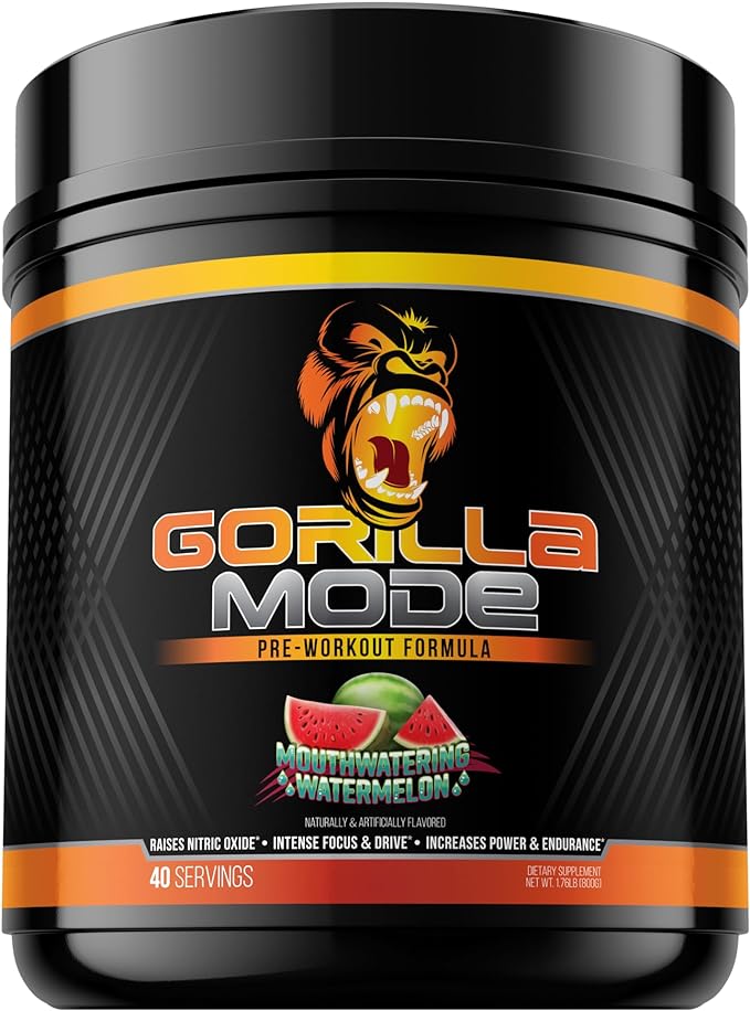 Gorilla Mode Pre Workout - Massive Pumps · Laser Focus · Energy · Power - L-Citrulline, Creatine, L-Tyrosine, Betaine, Hydroprime®, Alpha-GPC, 400mg Caffeine, Huperzine A - 800g (Watermelon)