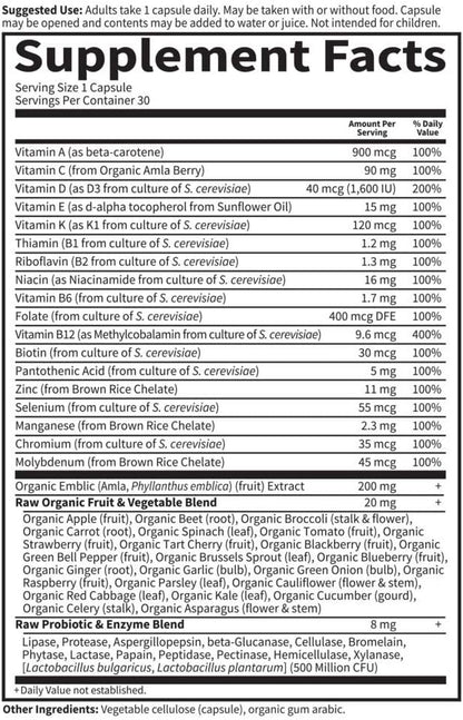 Garden of Life Vitamin Code Raw One for Men, Once Daily Multivitamin for Men, One a Day Mens Vitamins Plus Fruit, Veggies & Probiotics for Mens Health, Vegetarian Mens Multivitamins, 30 Capsules