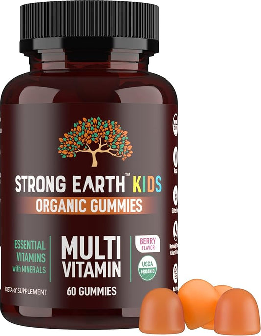 Strong Earth- Organic Multivitamin Gummies for Kids- Gummy Vitamins & Minerals Including Vitamin A, C, D3, E, B6 & Zinc - Chewable Multi Vitamin Gummies with Immune Support for Boys and Girls (60)