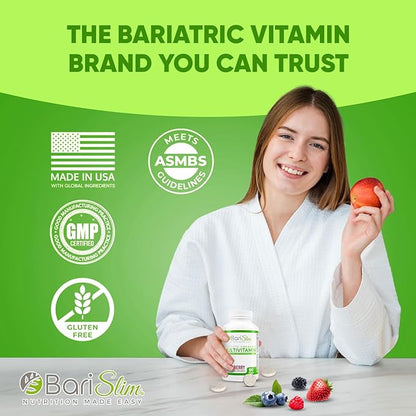BariSlim Complete Chewable Bariatric Multivitamin Tablets - 45 mg Iron - Bariatric Vitamin & Supplement for Post Bariatric Surgery Including Gastric Bypass & Gastric Sleeve | Mixed Berry (90 Count)