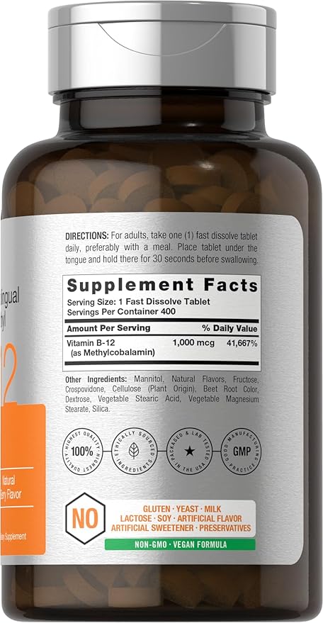 Horbaach Vitamin B12 Sublingual 1000 mcg | 400 Tablets | Methyl Supplement for Women and Men | Fast Dissolve Pills | Berry Flavor | Vegan, Non-GMO, and Gluten Free