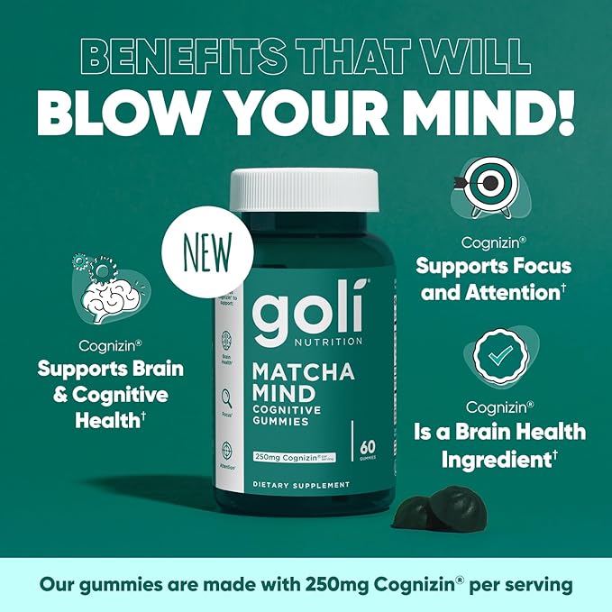 Goli Matcha Mind Gummies - 300 Count - Green Tea Leaves Powder with Cognizin for Focus, Attention and Brain Health, Vegan, Non-GMO, Gluten-Free & Gelatin Free.