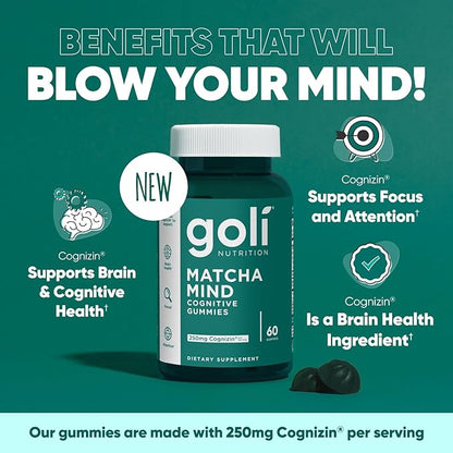Goli Matcha Mind Gummies - 60 Count - Green Tea Leaves Powder with Cognizin for Focus, Attention and Brain Health, Vegan, Non-GMO, Gluten-Free & Gelatin Free.