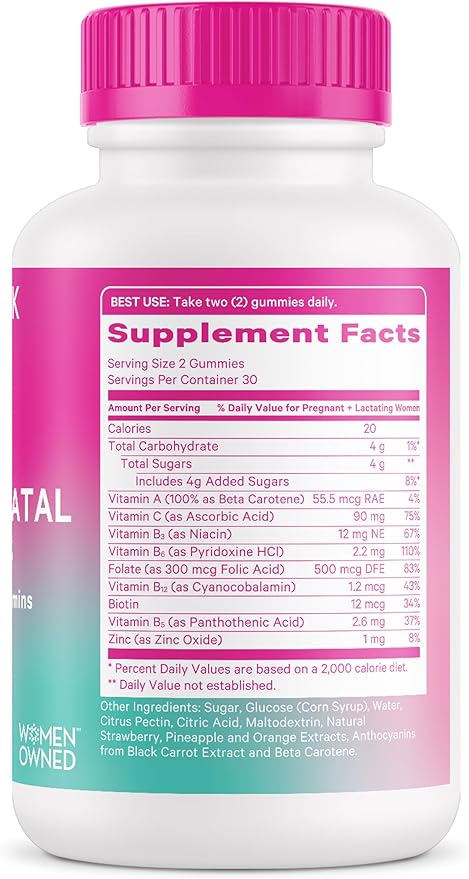 Pink Stork Total Postnatal Vitamin Gummies - Multivitamin for Postpartum Recovery and Lactation Support - Folic Acid, B6, & Vitamin C - Breastfeeding Essentials - 60 Gummy Vitamins
