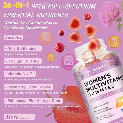 Sugar Free Multivitamin Gummies for Women 14+ w/Iron, Inositol, Folate, Biotin, Womens Daily Multivitamin Gummy w/Vitamin A, D, C, B, Support Hair, Skin, Energy, Immune, Strawberry Flavor