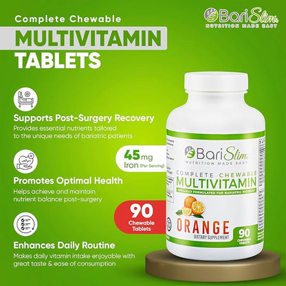 BariSlim Complete Chewable Bariatric Multivitamin Tablets - 45 mg Iron Bariatric Vitamin & Supplement for Post Bariatric Surgery Including Gastric Bypass & Sleeve - Delicious & Convenient | Orange