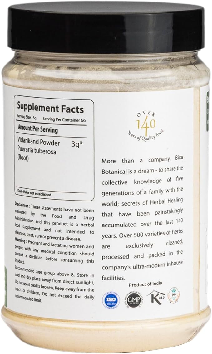 bixa BOTANICAL Ayurvedic Natural Herbal Supplement Indian Kudzu Root Powder Pure Authentic Premium Quality (Pueraria tuberosa/Vidarikand), Promotes Muscle Mass, Strength & Weight gain 7 Oz (200g)