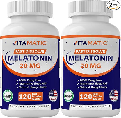 Vitamatic 2 Pack Melatonin 20mg Fast Dissolve 120 Tablets - Natural Berry Flavor | Vegetarian, Non-GMO, Gluten Free (Total 240 Tablets)