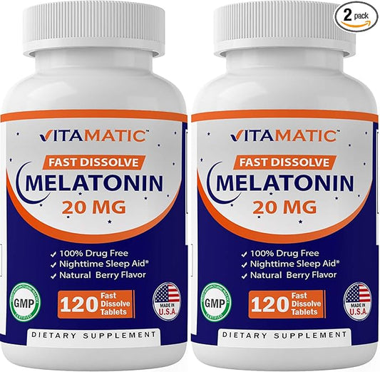 Vitamatic 2 Pack Melatonin 20mg Fast Dissolve 120 Tablets - Natural Berry Flavor | Vegetarian, Non-GMO, Gluten Free (Total 240 Tablets)