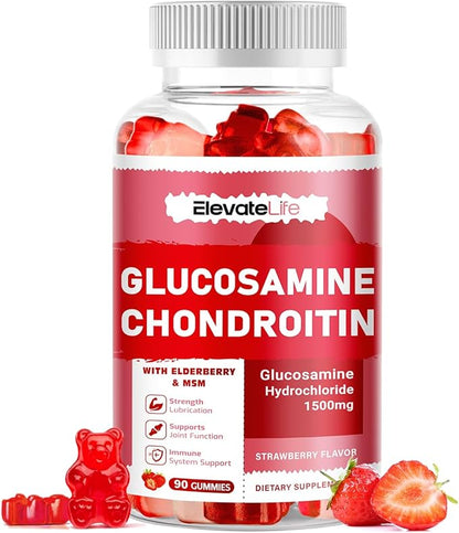 Glucosamine Chondroitin Gummies - Extra Strength Joint Support Supplement with MSM & Elderberry for Natural Joint, Antioxidant Immune Support for Adults, Men & Women 90 Strawberry Gummies