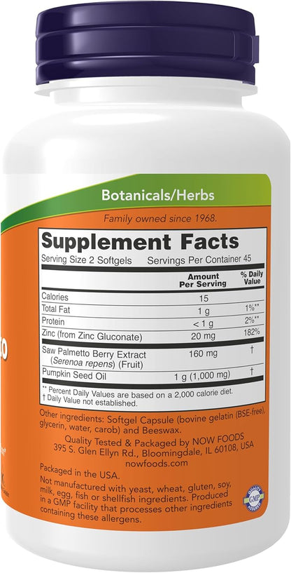 NOW Foods Supplements, Saw Palmetto Extract with Pumpkin Seed Oil and Zinc, Men's Health*, 90 Softgels