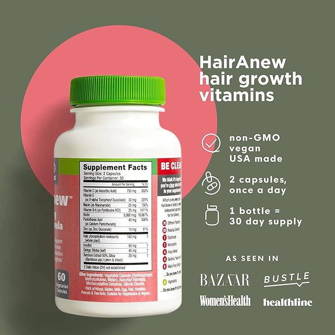 HairAnew Hair Growth Vitamins for Thicker Stronger Hair | Works for Women & Men All Hair Types | 11 Hair Vitamins & Ingredients | 5000mcg Biotin | Vegan | Independently Tested | 60 Capsules (6)