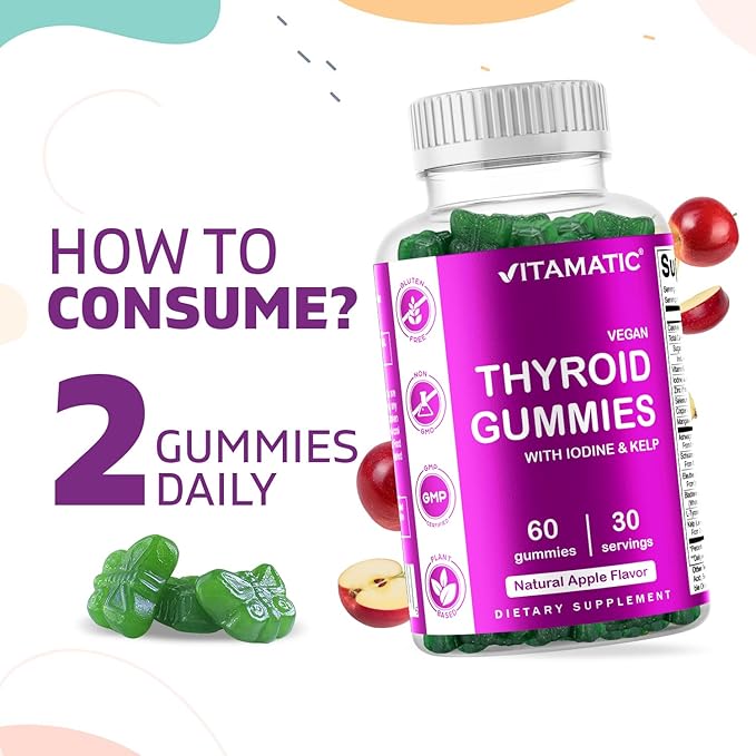 Vitamatic Vegan Thyroid Support Gummies with Iodine & Kelp - 60 Count - Improve Your Energy & Increase Metabolism - Plant Based