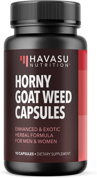 Unisex Horny Goat Weed for Men and Women - Extra Strength Performance and Energy Support with Tongkat Ali & Muira Puama & Saw Palmetto Extract - Never Travel Without Sample Size - 10 Horny Capsules