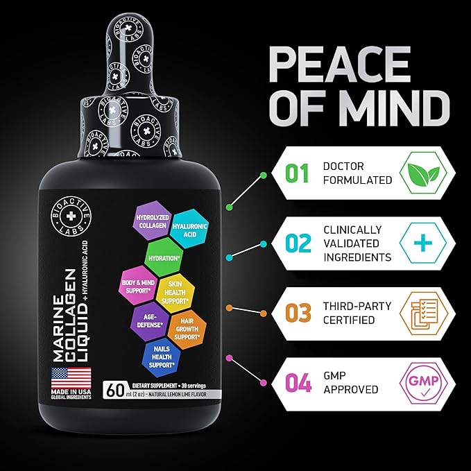 Liquid Marine Collagen Peptides with 10mg Hyaluronic Acid Supplement - 1,000mg Hydrolyzed Collagen Drops for Skin, Hair, Joints Support - Liquid Collagen For Women And Men - 30-Day Collagen Drink