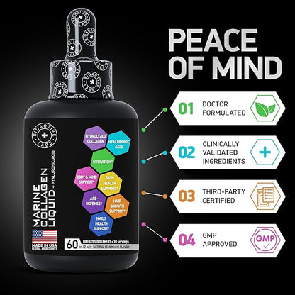 Liquid Marine Collagen Peptides with 10mg Hyaluronic Acid Supplement - 1,000mg Hydrolyzed Collagen Drops for Skin, Hair, Joints Support - Liquid Collagen For Women And Men - 30-Day Collagen Drink