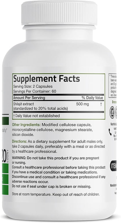 Bronson Shilajit Extract 500 MG Per Serving, Supports Energy Production & Vitality, Standardized to 20% Total Acids, Non-GMO, 120 Vegetarian Capsules