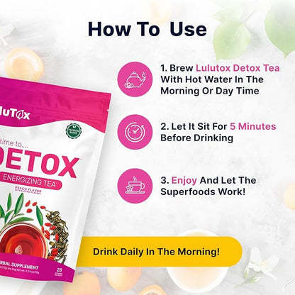 Detox Tea - Herbal Blend with Dandelion, Ginseng, and Ginger - Supports A Healthy Weight, Digestive Health - Vegan, All Natural, Laxative-Free - Peach Flavor (28 Servings)
