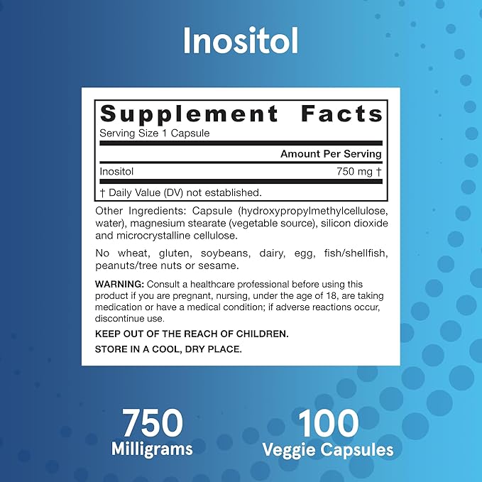 Jarrow Formulas Inositol 750 mg, Dietary Supplement, Liver Support for Cellular Health and General Wellness, 100 Veggie Capsules, Up to a 100 Day Supply