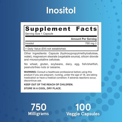 Jarrow Formulas Inositol 750 mg, Dietary Supplement, Liver Support for Cellular Health and General Wellness, 100 Veggie Capsules, Up to a 100 Day Supply