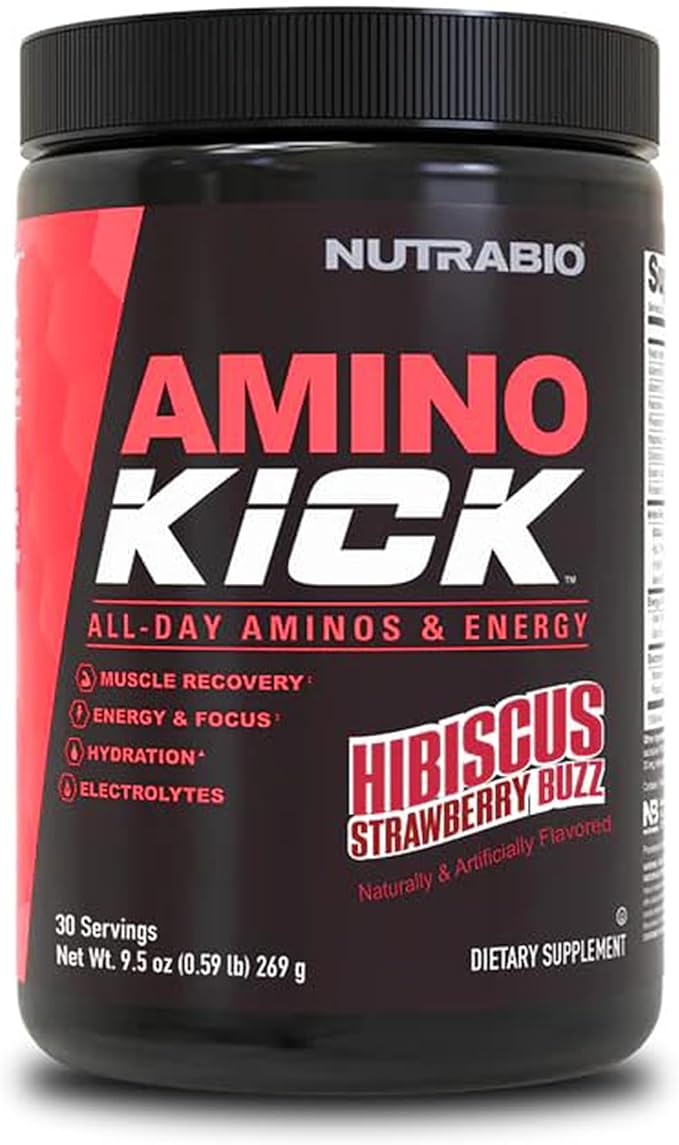 NutraBio Amino Kick - Amino Acid Energy Formula - BCAA's, Electrolytes for Hydration, Natural Caffeine- 30 Servings(Hibiscus Strawberry Buzz)