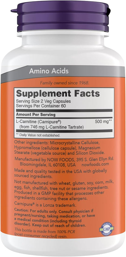 Now Supplements, L-Carnitine 250 mg, Purest Form*, Amino Acid*, Fitness Support*, Metabolic Support 120 Vegetarian Capsules, Gluten Free, Vegan, Kosher, Non-GMO