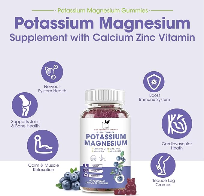 Potassium Magnesium Gummies 1800mg, Sugar-Free Potassium Gummies with Magnesium Glycinate, Taurate, Malate, Chewable Magnesium Potassium Supplements for Leg Cramps & Muscle, Heart Health (2 Pack)