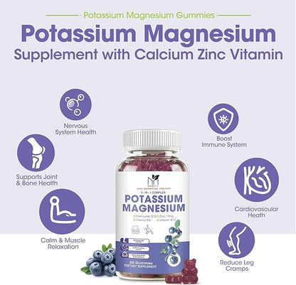 Potassium Magnesium Gummies 1800mg, Sugar-Free Potassium Gummies with Magnesium Glycinate, Taurate, Malate, Chewable Magnesium Potassium Supplements for Leg Cramps & Muscle, Heart Health (2 Pack)