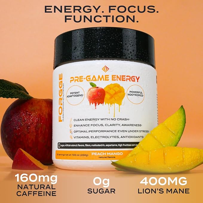 Forgge Focus Energy Drink Powder - Lion’s Mane, Alpha-GPC, L-Theanine and Nootropics for Focus - Vitamins + Electrolytes - Natural Caffeine, Sugar Free (Peach Mango)