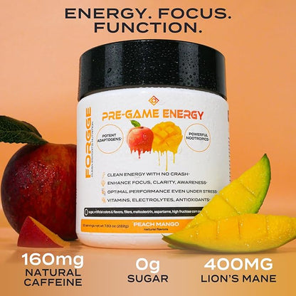 Forgge Focus Energy Drink Powder - Lion’s Mane, Alpha-GPC, L-Theanine and Nootropics for Focus - Vitamins + Electrolytes - Natural Caffeine, Sugar Free (Peach Mango)