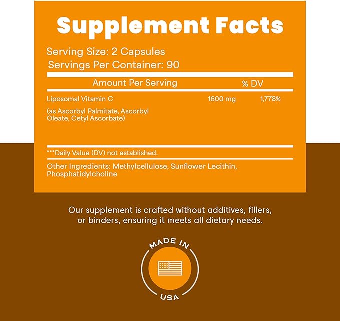 Liposomal Vitamin C 1600mg, High Absorption Vitamin C for Immune Support, Fat Soluble VIT C Antioxidant Supplement for Collagen Synthesis, Joint Support & Skin Appearance, 180 Vegan Capsules