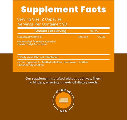 Liposomal Vitamin C 1600mg, High Absorption Vitamin C for Immune Support, Fat Soluble VIT C Antioxidant Supplement for Collagen Synthesis, Joint Support & Skin Appearance, 180 Vegan Capsules