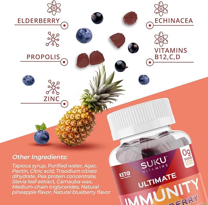 Ultimate Immunity - Elderberry Echinacea and Propolis Gummies for Immune Support, Easy to Chew - Non GMO, Gluten Sugar Free - Pomegranate Lime Flavored Gummy Vitamins, 50 Count