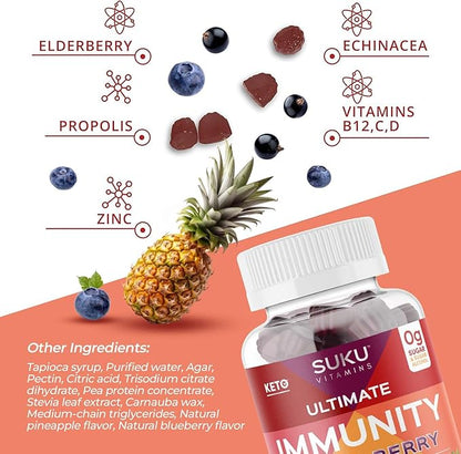 Ultimate Immunity - Elderberry Echinacea and Propolis Gummies for Immune Support, Easy to Chew - Non GMO, Gluten Sugar Free - Pomegranate Lime Flavored Gummy Vitamins, 50 Count